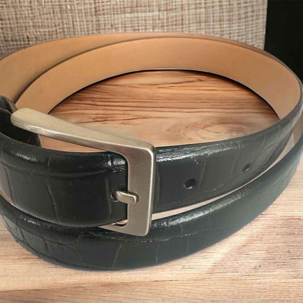 Euro Metal Italian Handmade Black Crocodile  Leather Dress Belt Silver Buckle